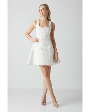Jacquard Full Skirted Mini Dress With Jewel Trim