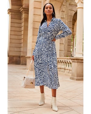 Blue & White Zebra Print Midi Shirt Dress