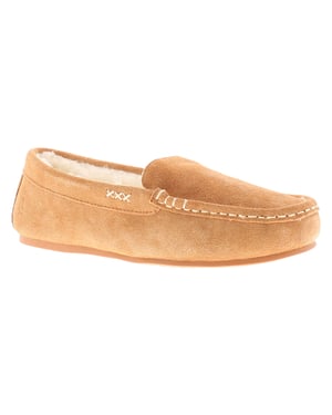 Hush Puppies Womens Moccasin Slippers Annie Suede Leather tan