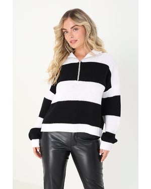 White 'Florence' Striped Knitted Jumper With Zip Neck