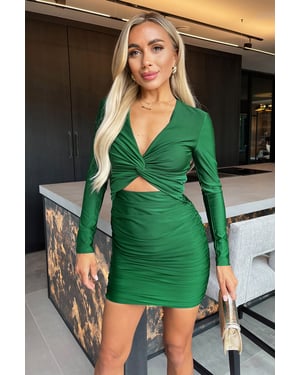 Green Long Sleeve V Neck Knot Detail Cut Out Ruched Skirt Mini Dress