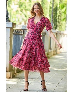 Pink Animal Print Mesh Wrap Dress