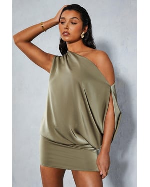 Satin Off Shoulder Asymmetric Bodycon Mini Dress
