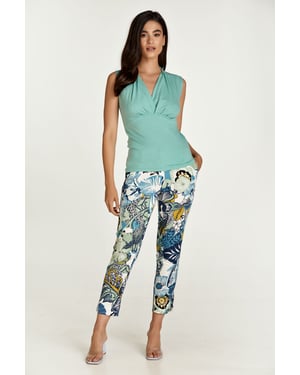 Gebloemde katoenen broek in blauwe en groene tinten