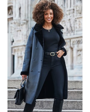 Black Premium Faux Shearling Trench Coat