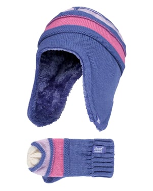 Värmehållare - barn flickor vinter varm fleece fodrad kabelstickad termisk mössa och vantar med öronlappar - LS1P10