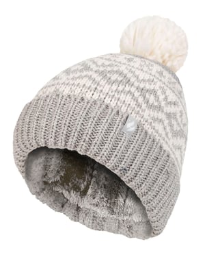 Dames Patroon Omgevouwen Bobble Muts | Heat Holders | Chunky Kabelbrei met Heatweaver Fleece Binnenvoering | Billingen Stijl - Lichtgrijs