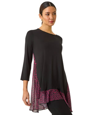 Animal Print Contrast Mesh Hem Stretch Top