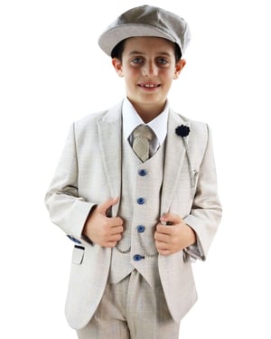Boys 3 Piece Cream Herringbone Tweed Check Classic  Suit
