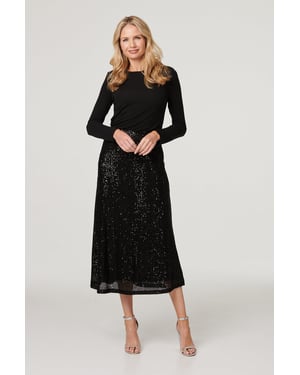 Black Sequin High Waist Semi Sheer Midi Skirt