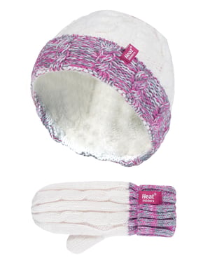 Heat Holders - Kids Girls Fleece Lined Knitted Striped Colourful Winter Thermal Hat and Mittens Set - SC2P12