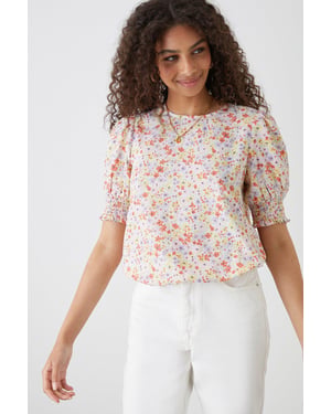 Multi Ditsy Shirred Hem Blouse