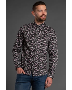 Black Cotton Floral Print Long Sleeve Shirt