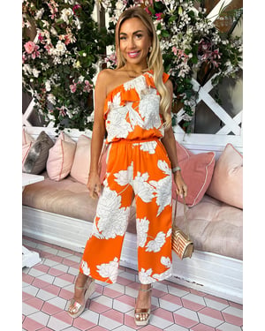 Blood Orange Floral Print One Shoulder Jumpsuit