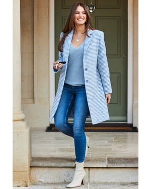 Blue & White Dogtooth Print Wool Mix Coat