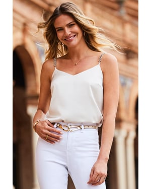 Champagne Gold Satin Embellished Strap Cami Top