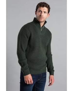 Olive Waffle Knit Jumper With 1/4 Zip Funnel Neck