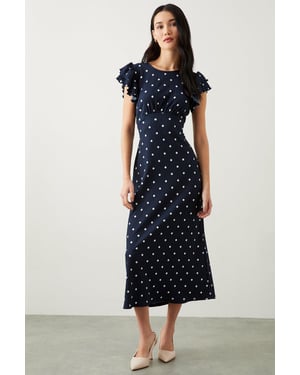 Navy Spot Print Ruffle Sleeve Empire Midi Dress