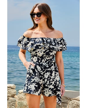 Petite Black Floral Print Ruffle Detail Bardot Playsuit