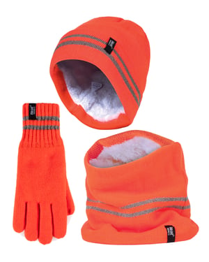 Hi Vis Hat, Neck Warmer & Gloves Set | Heat Holders | Reflective Workwear Set for Extreme Cold Weather - Orange