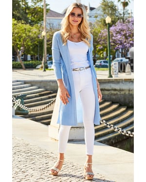 Powder Blue Metallic Super Soft Ribbed Maxi Cardigan