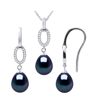 Normandië Versiering ketting en oorbellen Dangle Black Pearl Zoetwater 925