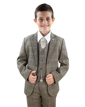Boys 3 Piece Tan Brown Herringbone Tweed Check Classic  Suit