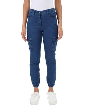 Womens Side Elastic Waist Self Cuffed Jeans in Blue