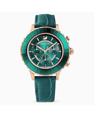Swarovski Octea Lux Chrono Watch, Leather Strap, Green, Rose-Gold Tone PVD 5452498