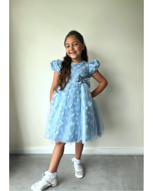 Girls 3D Floral Satin Bow Midi Dress in Blue