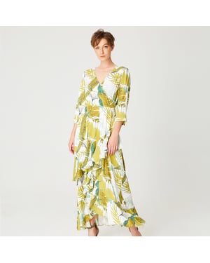 Tropische print frisse midi -jurk met kruisbuste