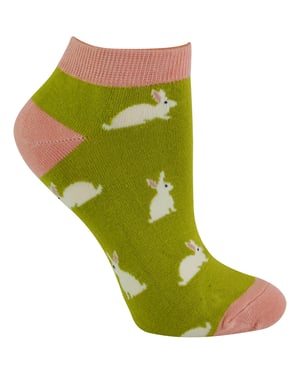 Ladies Bamboo Trainer Socks | Miss Sparrow | Breathable Low Cut Socks for Women - Rabbits (Lime)