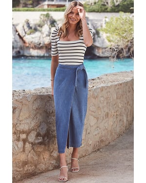 Mid Blue Denim Tie Waist Midi Skirt