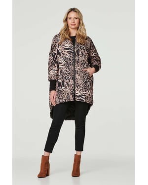 Beige Printed Zip Front High Low Coat