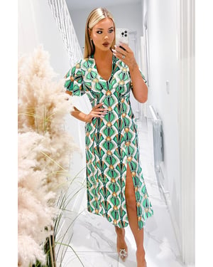 Multi Print V Neck Tie Detail Short Sleeve Midi Dress