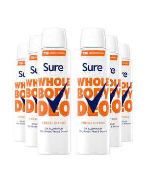 Sure Women Fresh Citrus Whole Body Deodorant Spray Aluminium Free 150ml, 6 Pack