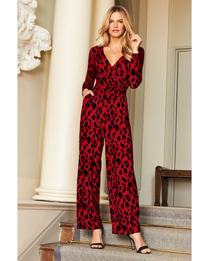 Red Animal Print Wrap Front Wide Leg Jumpsuit With Pockets