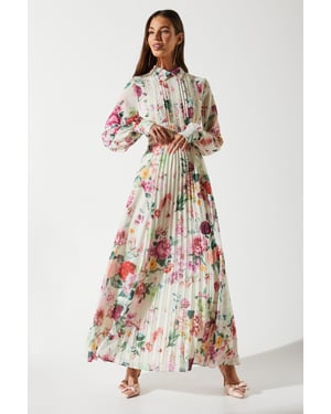 Pleated Lace Trim Midi Dress