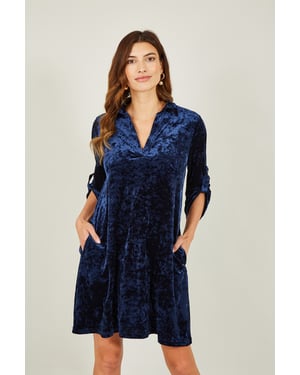 Navy Velvet Tunic Dress With 3/4 Sleeves