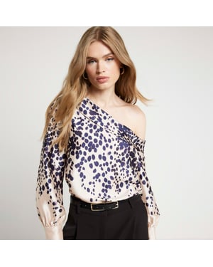 River Island Womens Blouse Cream Satin Spot One Shoulder