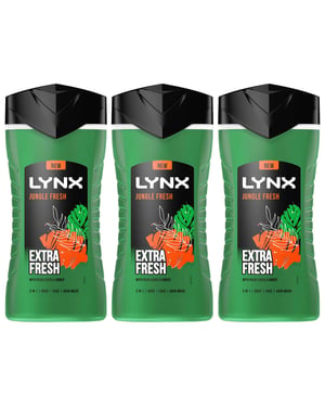 Lynx 3in1 Body, Face & Hair Wash Shower Gel Extra Fresh Jungle Fresh 225ml, 3pk