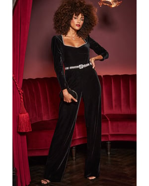 Black Velvet Diamante Trim Straight Leg Jumpsuit