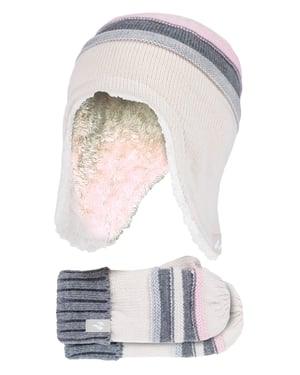 Värmehållare - Flickor Vintervarm Pom Pom Bobble Beanie Mössa och Vantar Set - Smörkräm