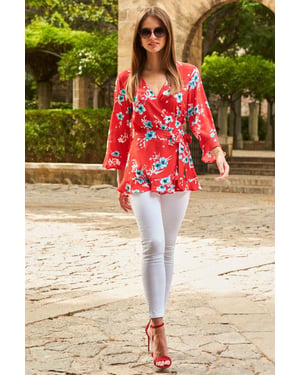 Red Floral Wrap Blouse