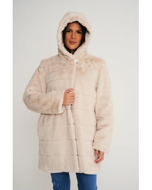 Elle Ladies Hooded Faux Fur Coat in Cream