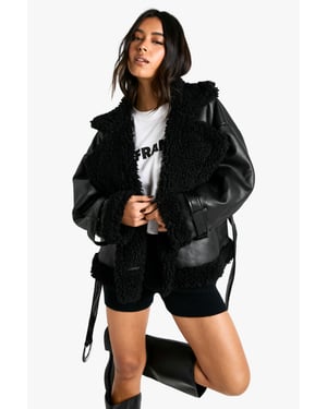 Luxe Teddy Trim Belted Aviator Jacket