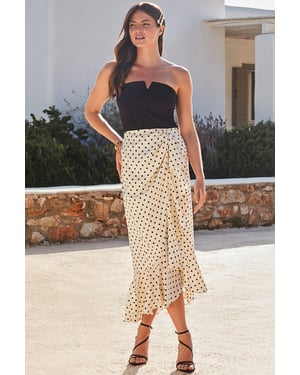 Ivory Spot Print Satin Ruffle Hem Midi Skirt
