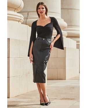 Black Leather Pencil Skirt With Split