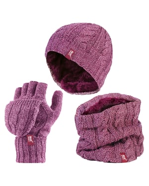 Heat Holders - Womens Thermal Winter Fleece Hat, Neck Warmer and Converter Gloves set - Rose