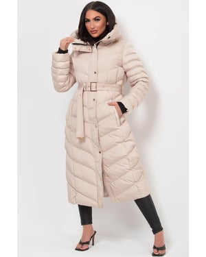 Jess Women’s Long Puffer Coat with Belt & Hood